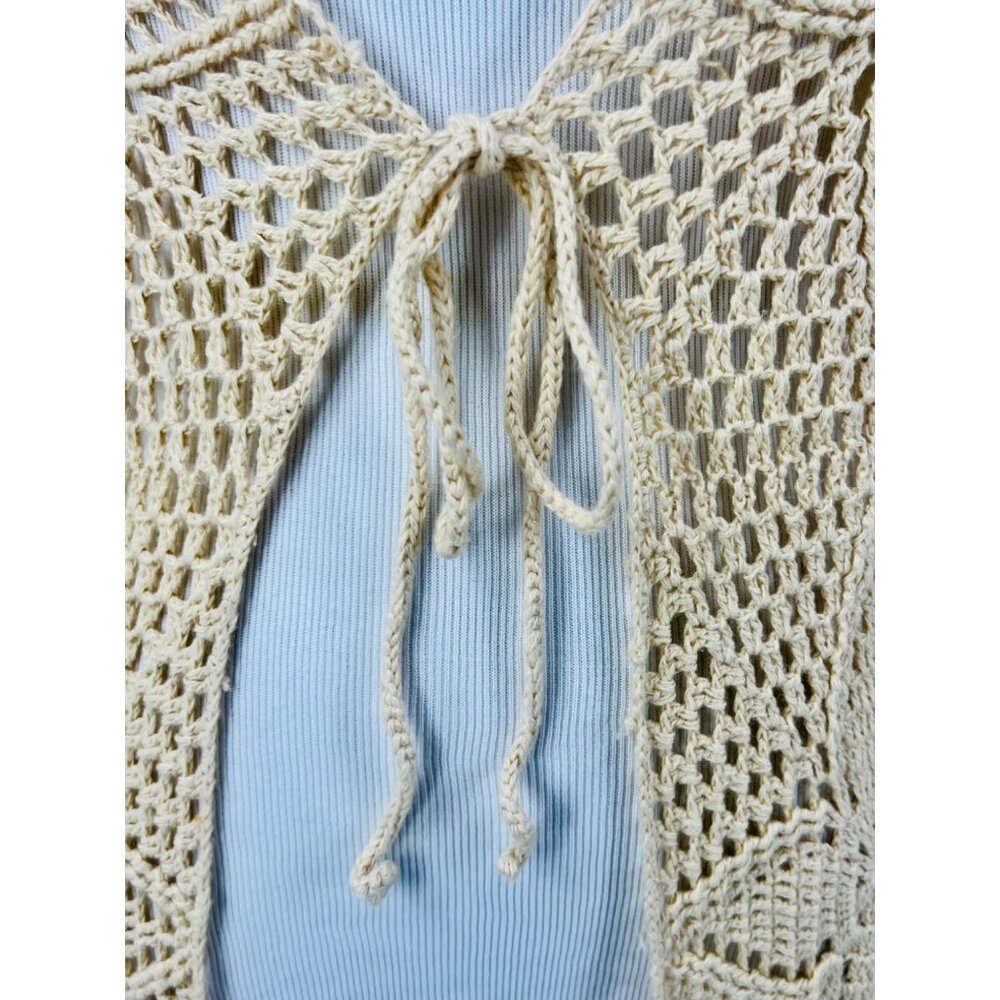 Vintage 90s Crochet Tie Front Duster Cardigan| Boho Coastal Cowgirl Cottagecore - Picture 3 of 16